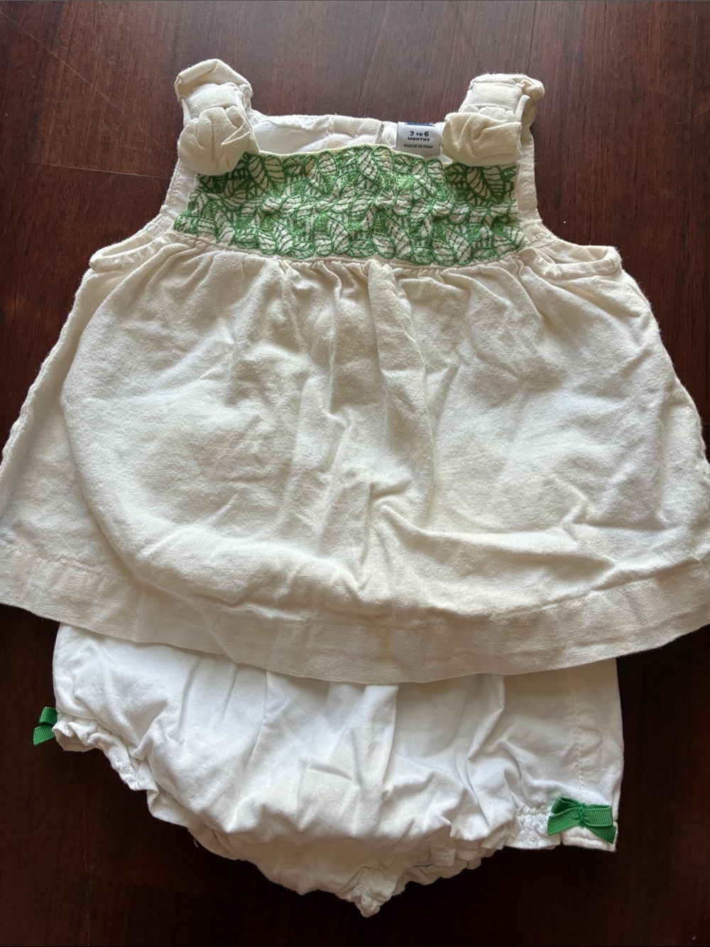 Janie and Jack Cream Diaper Cover Set with Green Smocked Detail